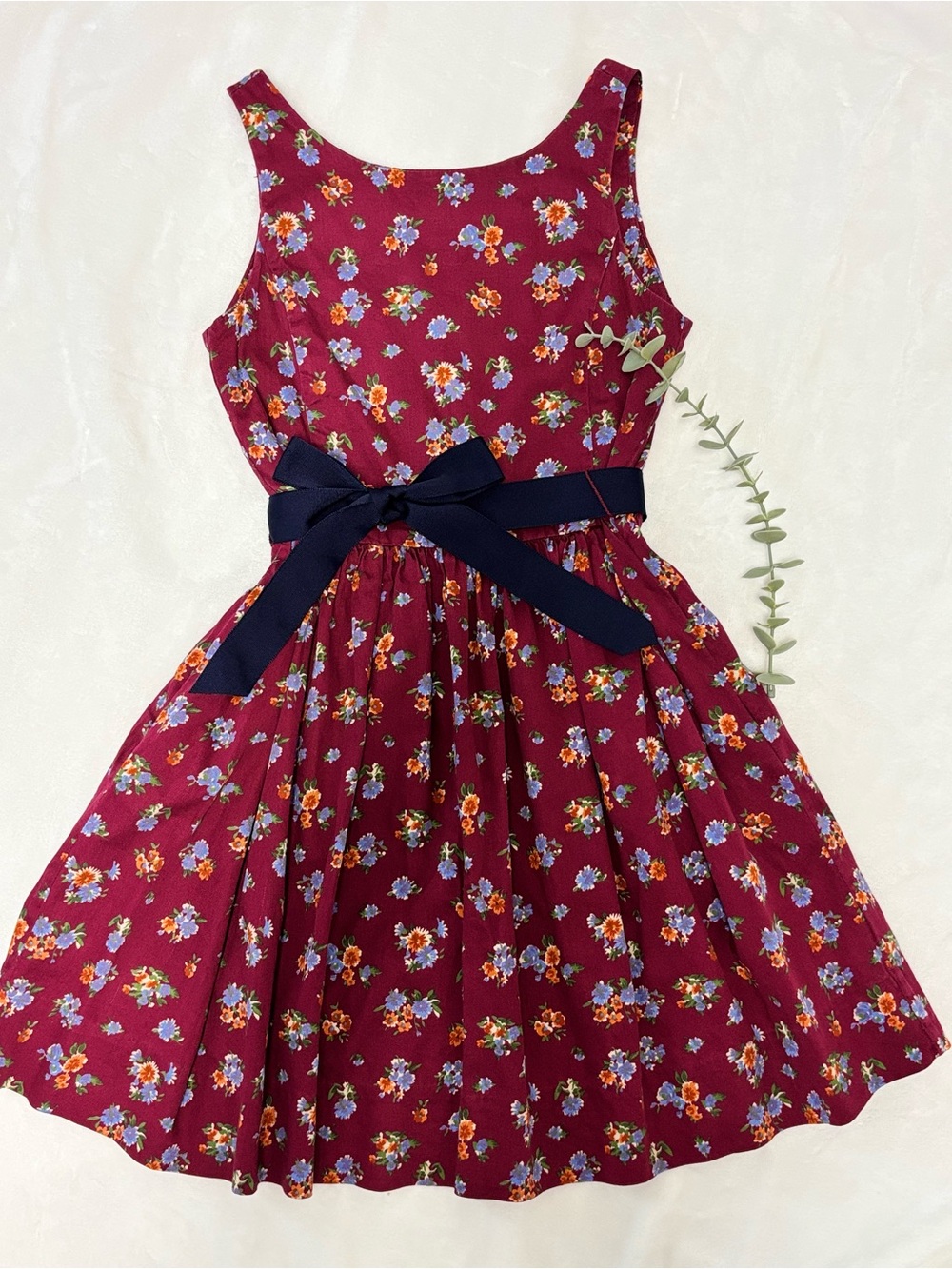 Polo by Ralph Lauren Burgundy Floral Dress with Navy Bow